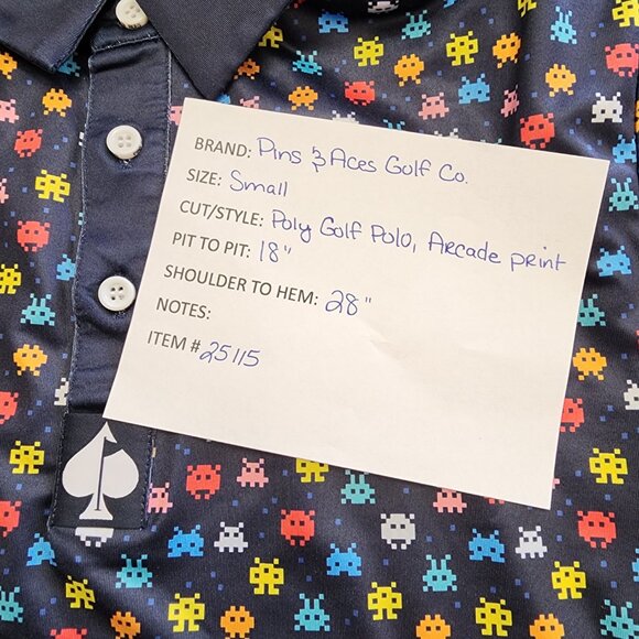 Pins & Aces Vintage Arcade Print Wicking Stretch Knit Golf Polo Small - Picture 7 of 7